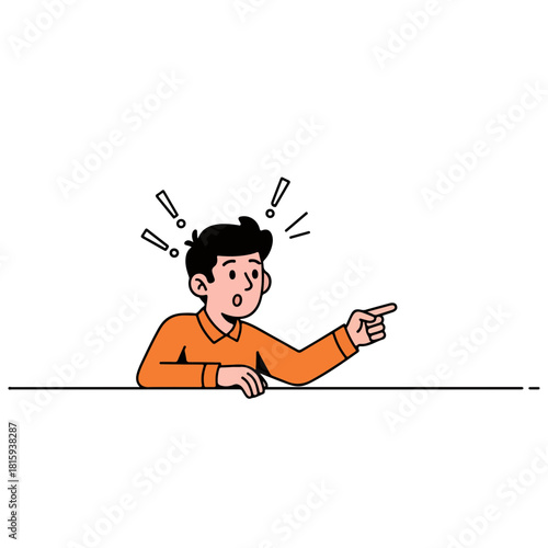 Surprised Man Pointing Finger Exclamation Marks Above Head White Background
