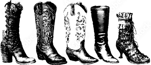 Illustration of various stylish boots in a set. Detailed vector art showcasing classic and vintage footwear designs.