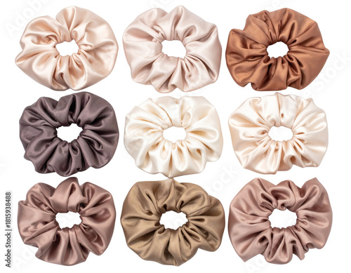 Top-Down Arrangement of Neutral Silk Hair Scrunchies, isolated on transparent background