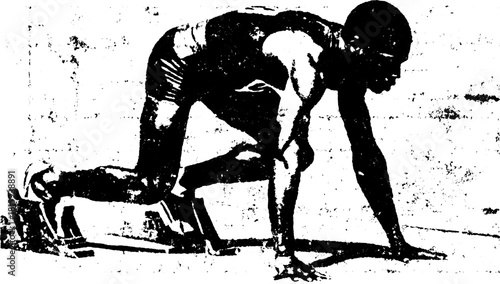 Athlete preparing to start a sprint. Dynamic position on the track showcases muscle tension. Vector illustration of athleticism and dedication.