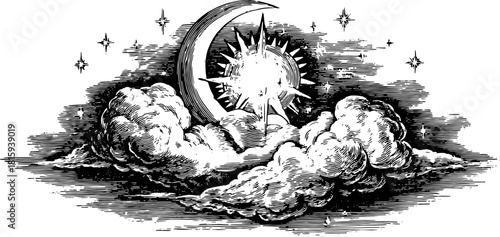 Sun and moon with clouds and stars. Vintage vector illustration featuring celestial elements in a detailed line drawing set.
