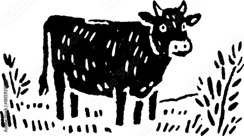 Cow vector illustration in black and white style. A simple graphic representation of a farming animal in a rural setting.