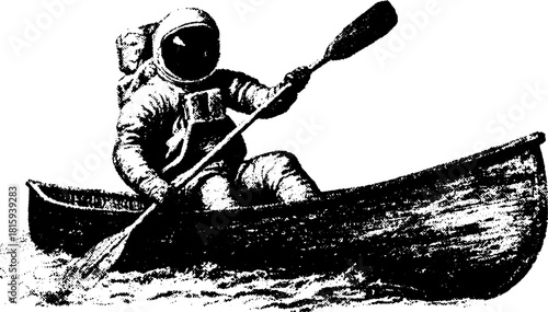 Astronaut in a canoe silhouette. Vintage vector illustration showing a paddle in water with an antique feel.