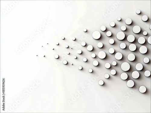 A collection of white circles of varying sizes and densities, casting shadows and arranged in a dynamic pattern on a white surface.