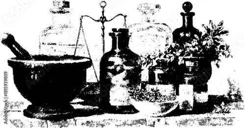 Engraving of apothecary tools set, including mortar, pestle, and bottles with herbs. Detailed vintage vector illustration showcasing glass containers.