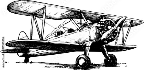 Vintage aircraft illustration in black and white. Detailed line art set showcasing classic design and craftsmanship. Vector representation of a biplane.