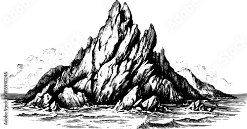 Engraving of a mountain landscape. Detailed line drawing depicting a rocky island by the sea in black and white vector illustration.