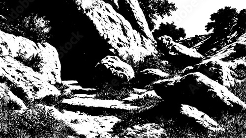 Engraving of a rocky landscape with a path and grass. Detailed black and white vector illustration showcasing natural scenery in a rugged outdoor set.