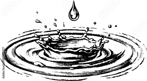 Water droplet creating a splash in a rippling outline. Vintage style illustrating natural movement in a detailed vector illustration.