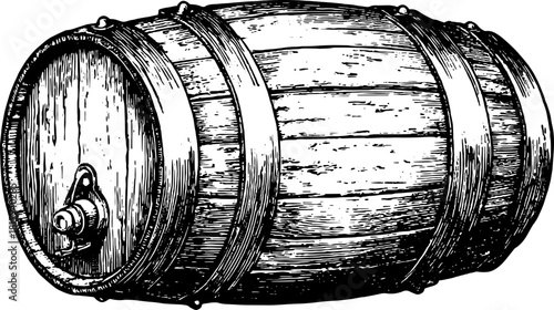 Barrel illustration in vintage line art style. Detailed wood vector drawing showcasing the classic shape of a traditional container set.
