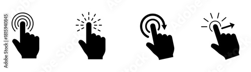 Minimalist vector set of four black touchscreen gesture icons tap press rotate swipe with stylized hand silhouettes and motion indicators ideal for mobile apps interfaces and digital instruction
