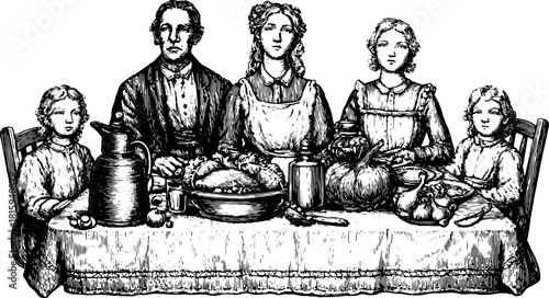 Vintage family gathering at a table with a meal display. Engraving illustration showcasing traditional attire in a black and white vector set.