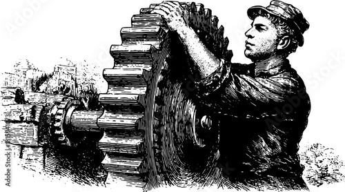 Worker adjusting a gear in an antique illustration. Silhouette vector image showcasing machinery and craftsmanship in a vintage style.