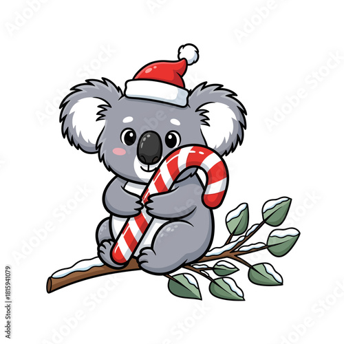 Adorable Christmas koala with santa hat holding candy cane sitting on branch for festive holiday cheer