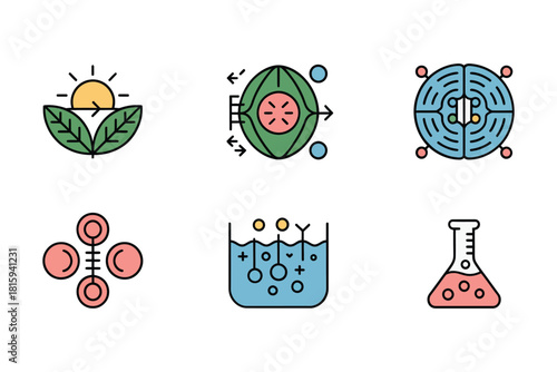 Science research set, sun, chlorophyll, molecular diagram, beaker, flask, chemical analysis, biology study flat vector.