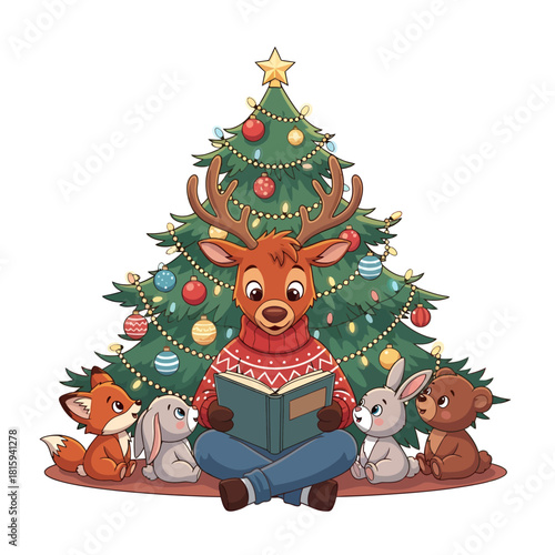 Adorable woodland animals gather around Christmas tree for heartwarming holiday story time perfect for family fun