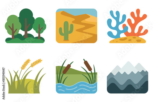 Ecology biomes icons, detailed forest, desert, coral reef, wetland, mountain, environment research flat vector set.