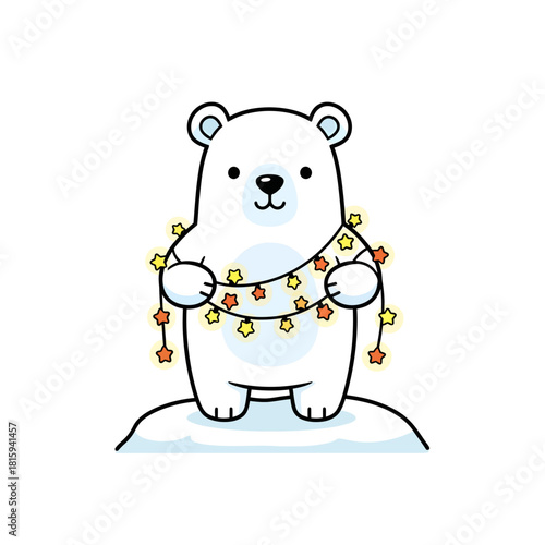 Adorable polar bear cub decorating with festive star lights for winter holidays and seasonal greetings