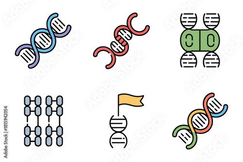 DNA molecular icons, helix structure, genetic code, test tube, evolution arrow, biological diagram flat illustration vector set.