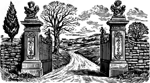 Gate and tree in a vintage landscape. Black and white vector illustration showcasing a rural entrance along a winding road through picturesque scenery.