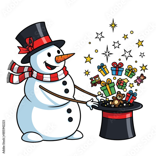 Charming snowman conjuring magical gifts from a top hat, spreading joy this holiday season for everyone