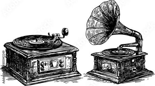 Vintage record players in black and white set illustration. Classic music equipment vector drawing showcasing timeless design and history.