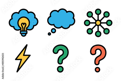 Creative thinking symbols, lightbulb, question mark, abstract cloud, molecular diagram, lightning bolt, innovation flat vector set.