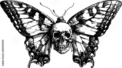 Butterfly with a skull in vintage outline style. Black and white vector illustration with fine detail and unique graphic elements.
