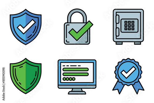 Security verification icons, blue shields, padlock protection, safe vault, checkmark badge, secure browser window, certification ribbon, vector