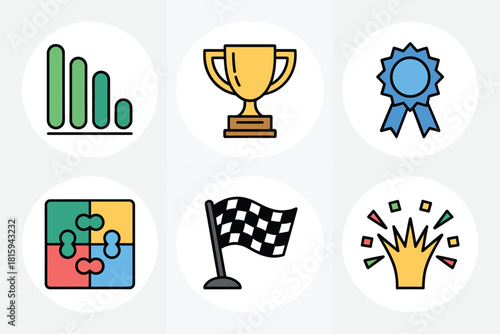 Business awards dashboard, bar chart analytics, golden trophy, blue ribbon medal, puzzle teamwork, racing flag, corporate success vector