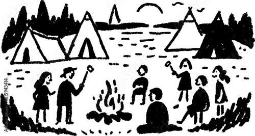 Camping scene with friends around a campfire. Simple black and white vector illustration depicting tents, a lake, and people enjoying the outdoor set.