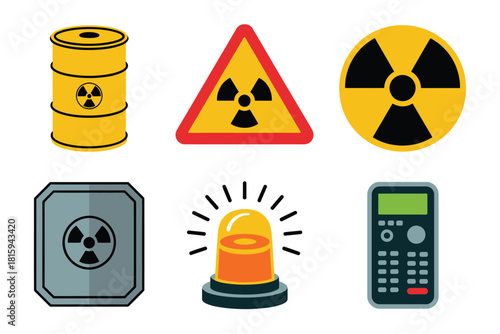 Radiation hazard icons, nuclear barrel drum, radioactivity symbol, protective shield badge, warning beacon light, handheld dosimeter