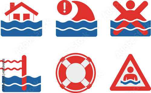 Waterfront navigation set, dock numbers markers, depth flags, lifebuoy rescue, triangle caution, river safety information icons