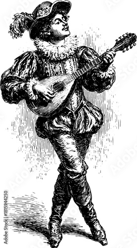 Engraving of a musician playing a mandolin in vintage style. This illustration features a historical costume and is a detailed vector artwork.