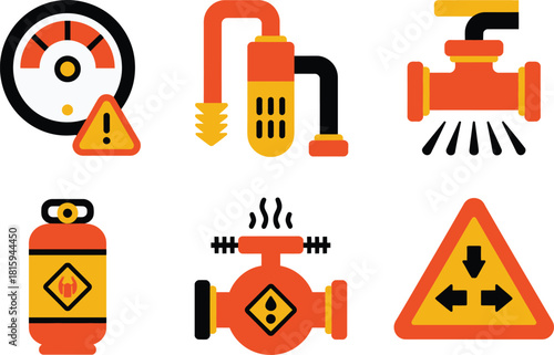 Mechanical hazard collection, flammable tank storage, steam pipe leak, sensor alarm, caution triangles, workplace safety signage