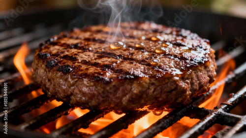 Hamburger patty grilling over hot flames with smoke rising in summer backyard setting. Concept of outdoor cooking, barbecuing, food enjoyment, and summer gatherings