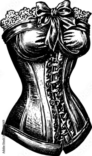 Corset engraving in retro hand-drawn style. Antique black outline illustration in a set showcasing intricate design and elegant details, featuring vector art.