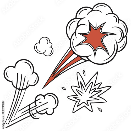 Comic boom cartoon effect line element set. Comic speech bubble pow, boom text, explosive splash smoke, wow cartoon vector icon. Hand drawn sketch doodle explosive element. Vector illustration