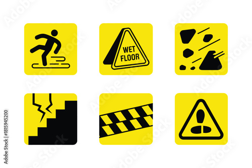 Safety warning tiles collection, running figure alert, wet floor triangle, broken step, hazard stripe banner, caution exclamation