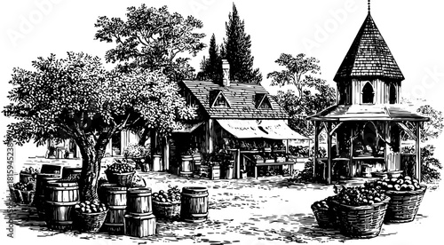 Market scene with various fruit baskets and barrels. Detailed outdoor vintage vector illustration of a rural house and garden set in a quaint atmosphere.