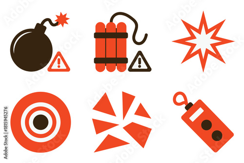 Explosive hazard symbols, cartoon bomb, dynamite bundle, burst star, target icon, hazard tags, hook pulley, emergency warning