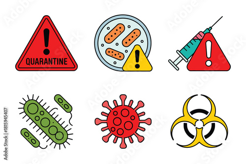 Quarantine warning symbols, bacteria and virus illustrations, petri dish, hazard triangle, medical syringe, bio safety, prevention vector