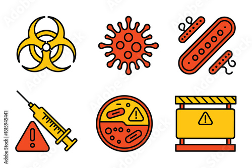 Biohazard danger set, microbe cells, bacteria cluster, syringe injection, caution sign on barrier, contaminated zone, laboratory safety vector