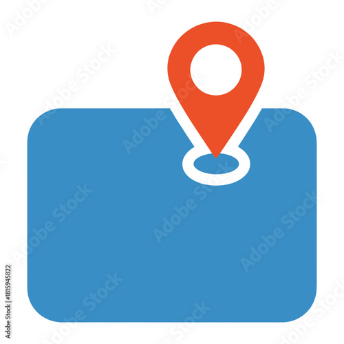 Map icon with a red location pin indicating a specific place on a blue map background for navigation and travel applications and designs
