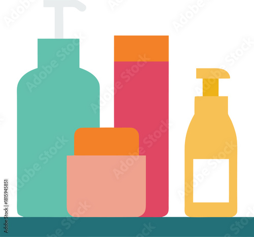 Group of cosmetic bottles and jars on a shelf pump dispenser