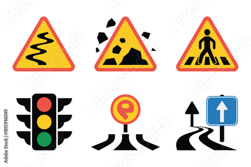 Road warning and guidance icons, uneven surface, hazard triangle, pedestrian crossing sign, traffic lights, roundabout arrows, direction up