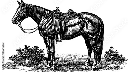 Horse illustration in black and white outline. Vintage vector engraving showcasing a detailed, realistic equine figure in a scenic outdoor set.