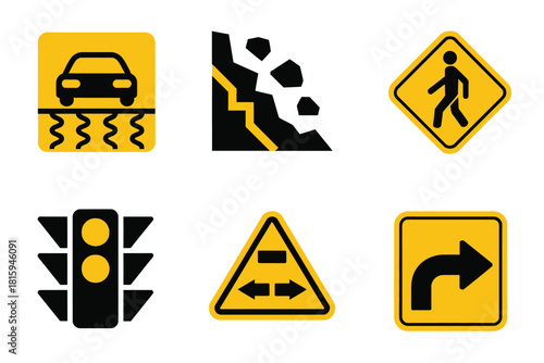 Driving hazard icons set, slippery road car, falling rocks sign, pedestrian warning, traffic light, caution triangle, right turn