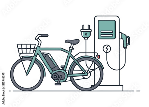 Electric bicycle parked at a charging station showcasing sustainable transportation and ecofriendly commuting in a modern urban environment