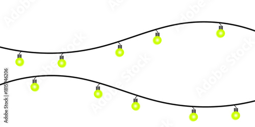 Two wavy strings of glowing yellow-green party lights isolated on a clean white background illustration.